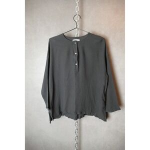 evam eva Cotton Linen Blend Henley Shirt Black Long Sleeve Top Womens Size 2